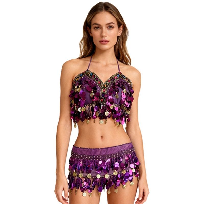 Professional Belly Dance Costume Set Sequins Bra and Hip Scarf for Stage Performances ractical Polyester Fabric Outfit