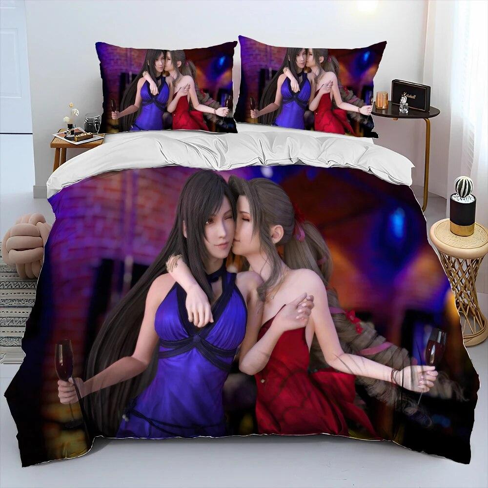 Tifa Aerith Sexy Girl Lace Cartoon Game Comforter Bedding Set,Duvet Cover Bed Set Quilt Cover Pillowcase,Queen Size Bedding Set