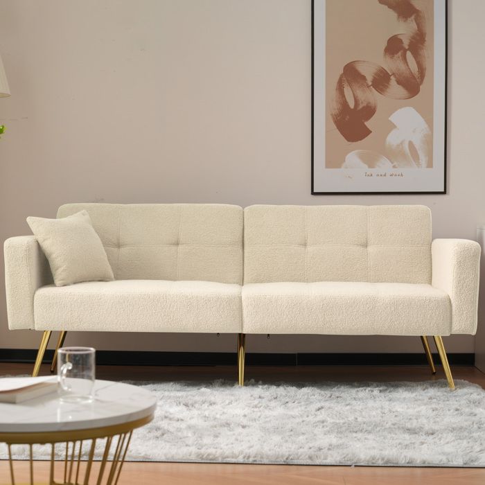2 Seater Convertible Sofa, Adjustable Reclining Sofa Bed with Cushions and Side Storage Pockets - Lambswool - Beige