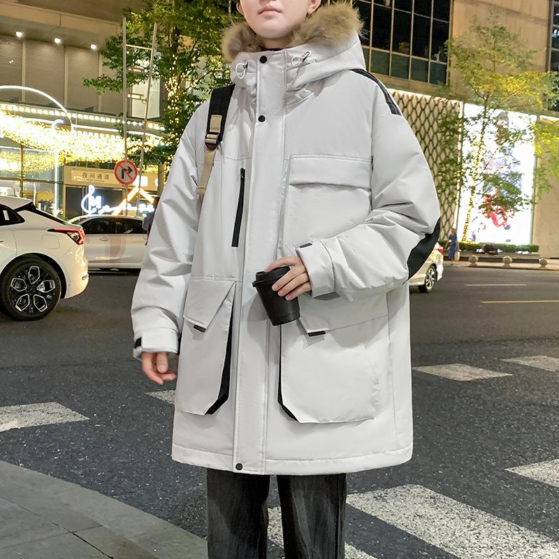 

Winter new national standard down jacket tooling fur collar down jacket hooded medium and long thickened couple jacket M бежевый