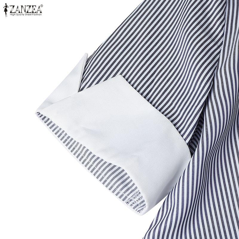 ZANZEA Women Casual Turn Down Collar Summer Short Sleeve Stripe Dress