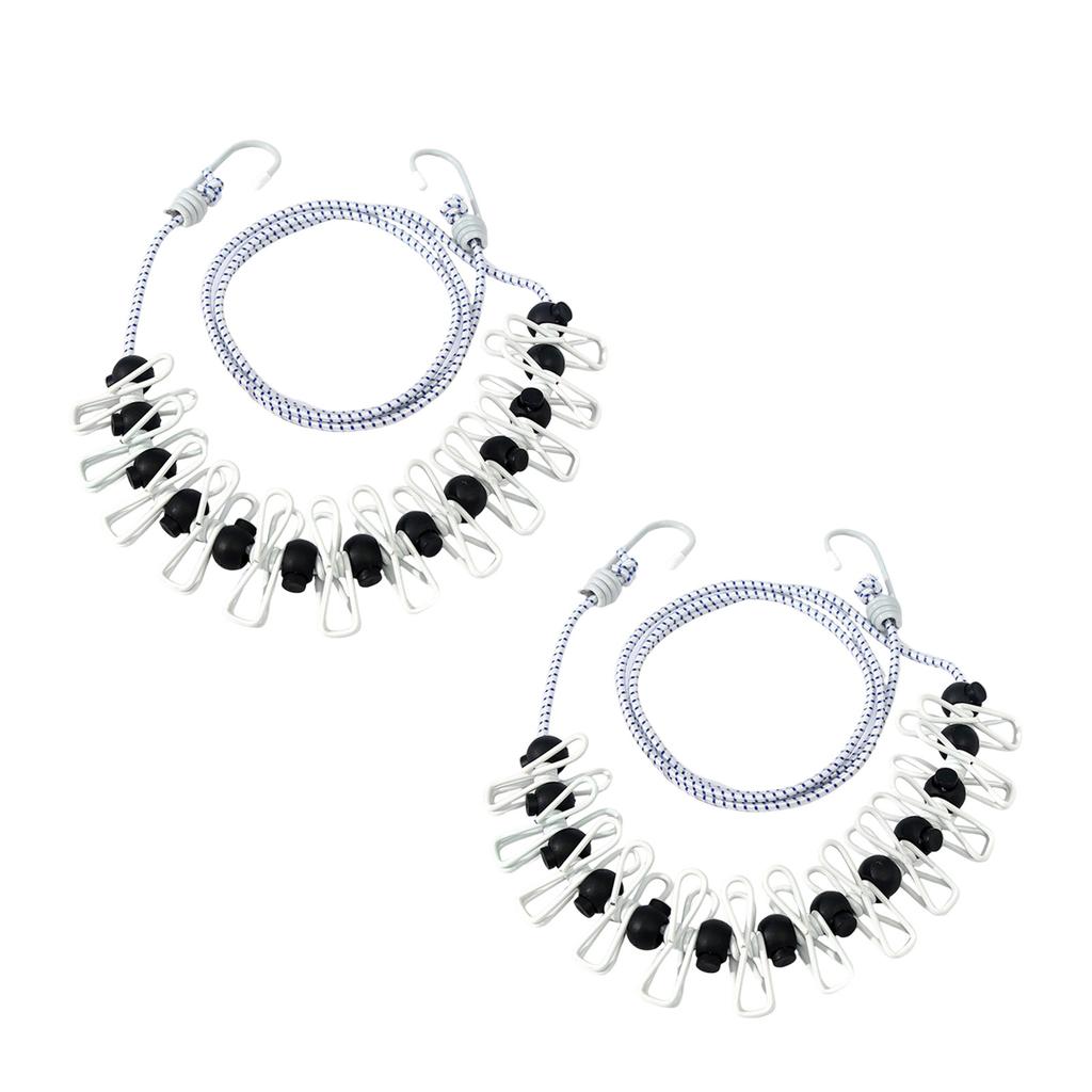 2PCS Compact Elastic Clothesline With Rubber Coated Hook And Clamps Flexible Drying Cord For Outdoor Indoor Use