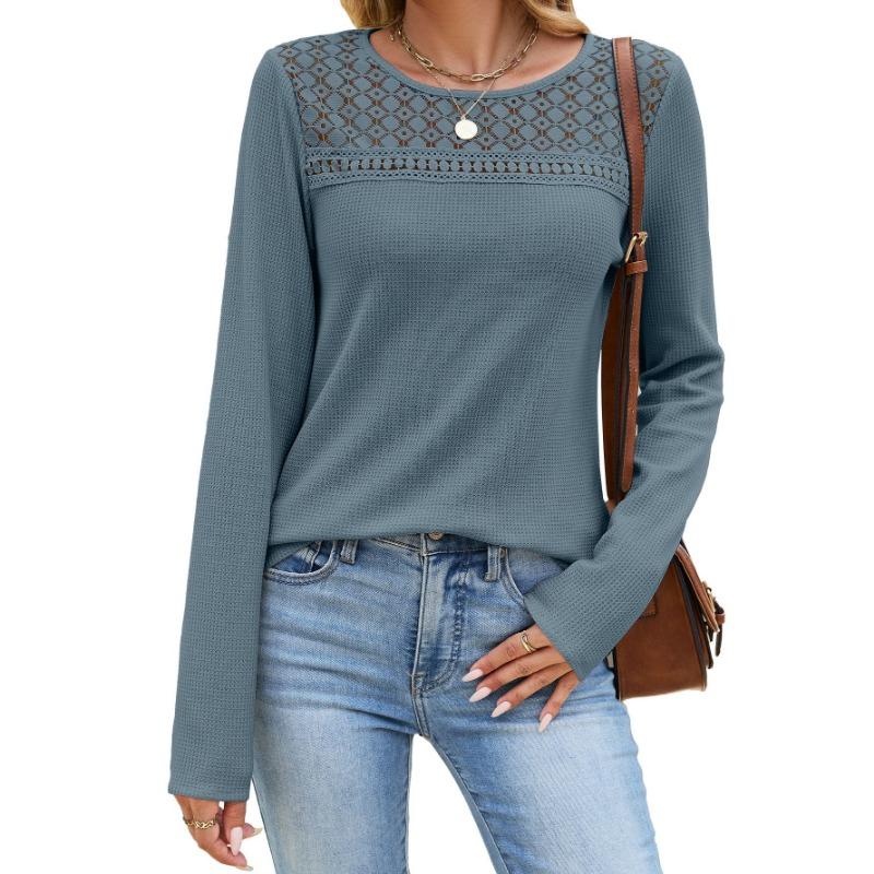 Women Solid Color Crew Neck Lace Patchwork Loose Long Sleeve Casual T Shirt