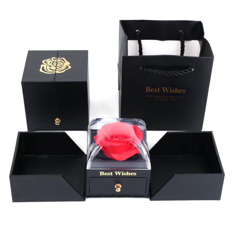 Jewelry Packaging Box Double Open Gatefold Rose Flower Gift Box with Drawer Custom Logo Velvet Ring Earring Necklace Case