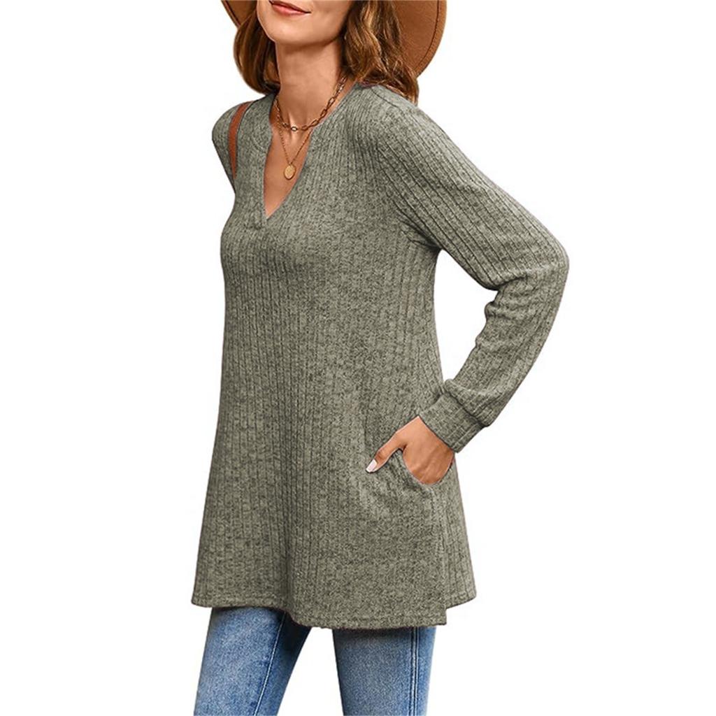 Women' Casual Solid Color V-neck Loose Long-sleeved Top