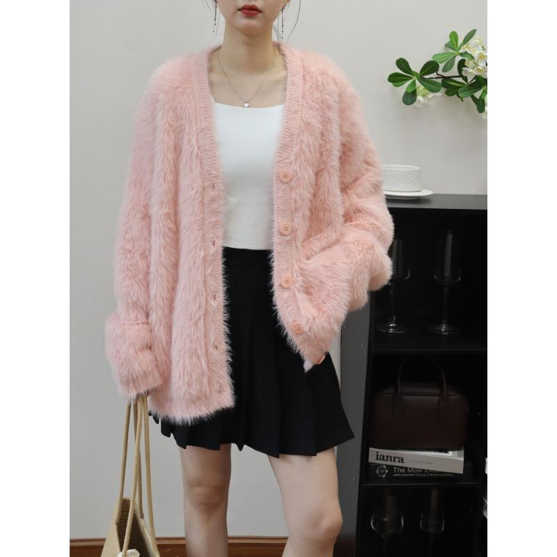 V-neck imitation mink velvet knitted cardigan autumn and winter new loose and gentle wind soft waxy sweater jacket women