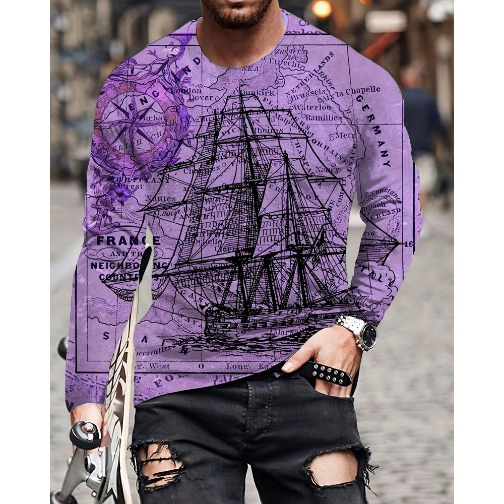 Camiseta de Manga Larga con Estampado 3D de Ancla y Brújula, Top de Primavera y Otoño para Hombre, Retro Street, Oversized, Cuello Redondo