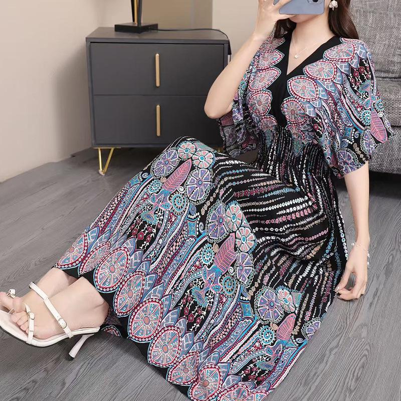 25th Anniversary Ethnic V-Neck Rayon Short Sleeve French-Thai Print Holiday Dress for Women