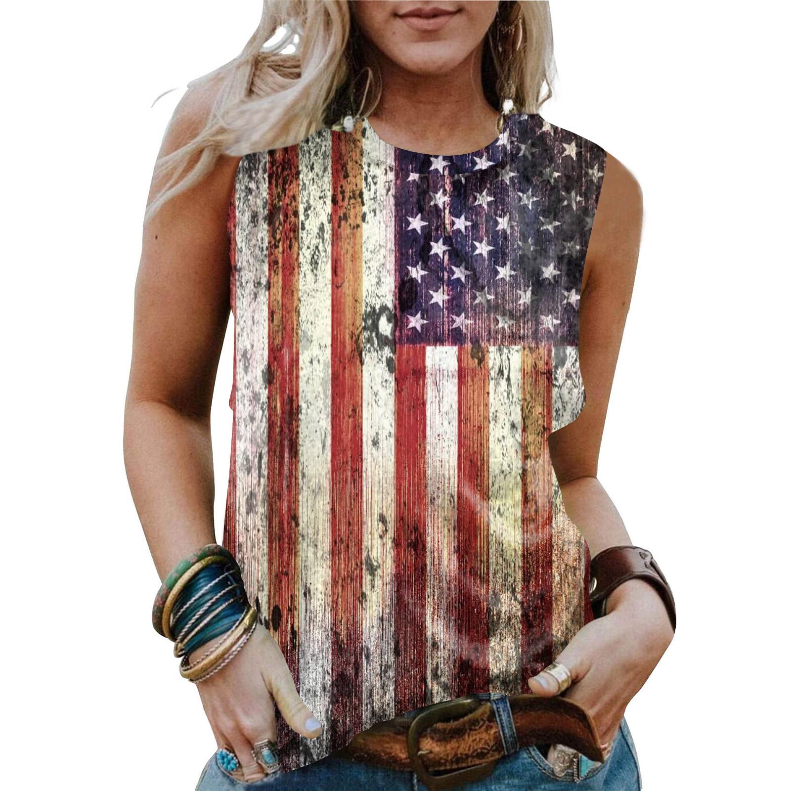 

(SU)Женские летние майки, повседневная модная майка без рукавов, большие топы с принтом американского флага, День патриотической независимости, День памяти