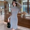 Herbst und Winter Slim Fit Einfarbig Gestricktes Damenkleid Langarm A-Linie Gerüschte Pulloverkleider Damen Lässig Hohe Taille Elegant Kurzes Kleid 25958