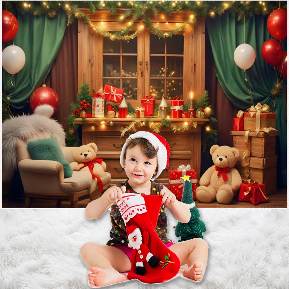 Christmas Teddy Bear Background Xmas Tree Toy Bear for Winter Window Room Outdoor Decoration Banner Kids Portrait Photo Props