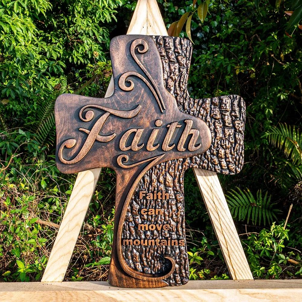 

Solid Wood Carved Faith Wood Cross Decor, Spiritual Wall Sign Tabletop Sign Gift 35x26x2.5cm