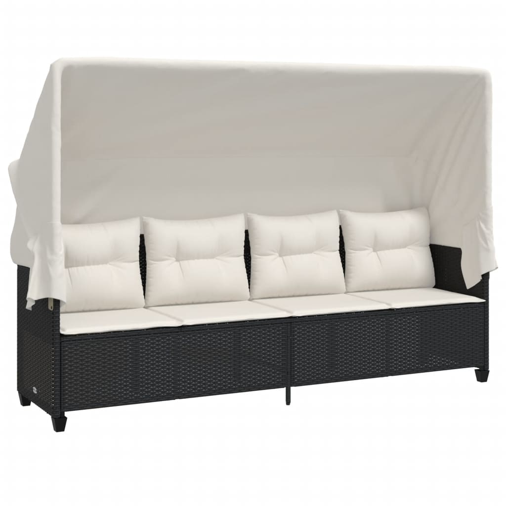 Vidaxl Sun Lounger with Canopy and Cushions, Black, Poly Rattan