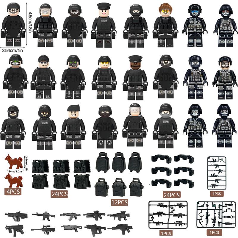 24 Building Block Minifigures Black Swat Special Forces Riot Military Scene Boy Toy Pyp