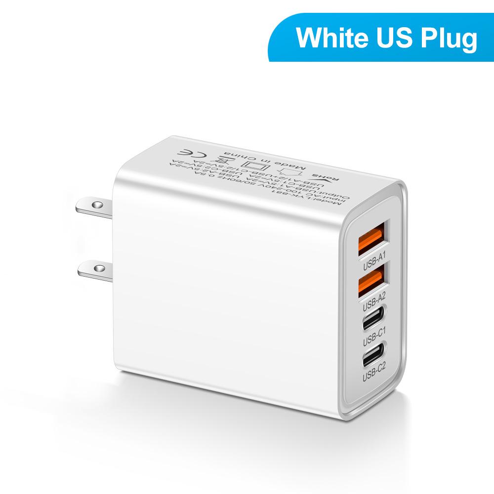 2.4A Multi-port Charger: Dual Type-C PD + Dual USB for Mobile Phones, Travel-Ready