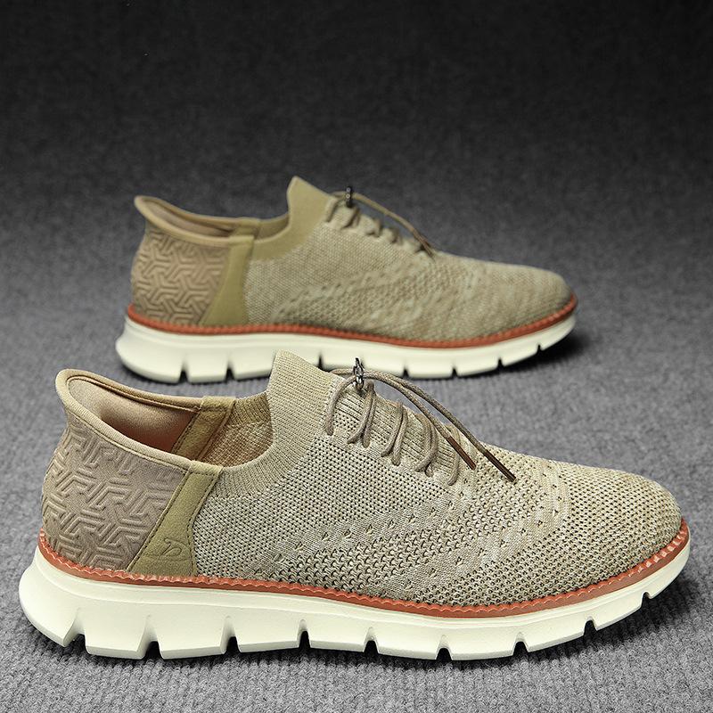 

Spring and summer Jinjiang running tide shoes British style casual men s shoes fashion breathable sports shoes fly woven mesh shoes men s fashion 48 бежевий