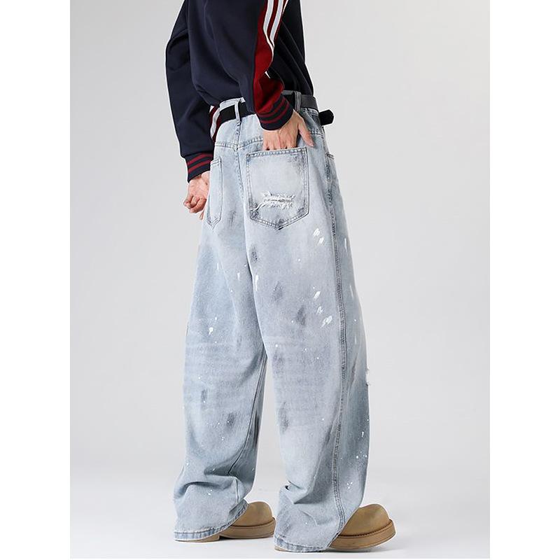 Minger | American High Street Trendy Brand Ink Splashing Ripped Jeans Men's Trendy Versatile Loose Straight Blue Pants