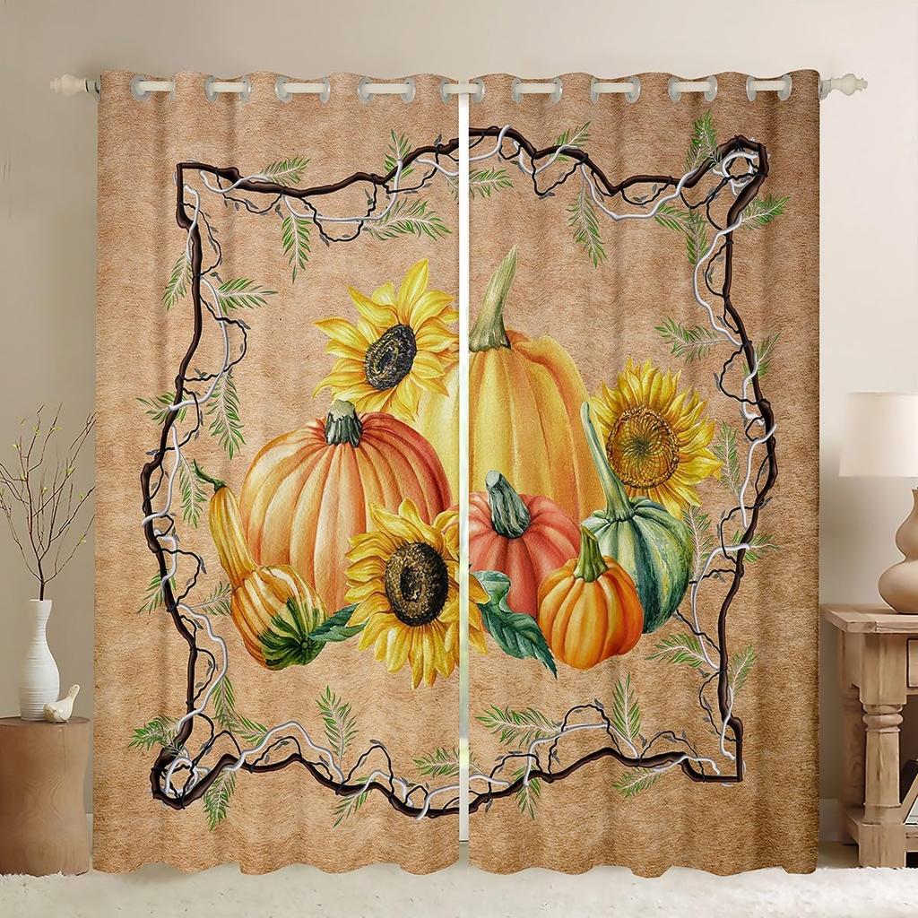 Fall Curtain Gnomes Autumn Thanksgiving Watercolor Maple Leaf Pumpkin Window Drapes Kitchen Living Room Treatments Curtains Polyester Great Treatment