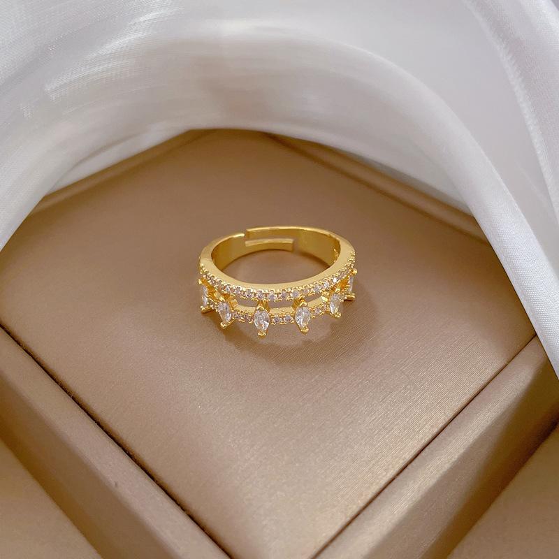 Real Gold Full Diamond Double-Layer Wedding Ring Ring Opening Adjustable Simple Jewelry Japanese Ring Couple Ring