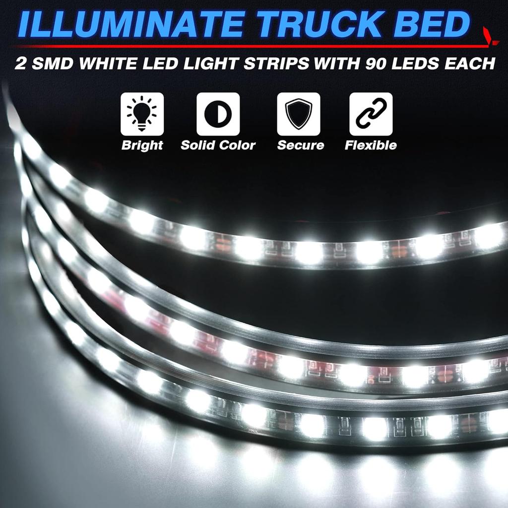 MICTUNING 2Pcs 60 Inch White LED Cargo Truck Bed Light Strip Lamp Waterproof Lighting Kit With On-Off Switch Fuse 2-Way Splitter Cable Compatible