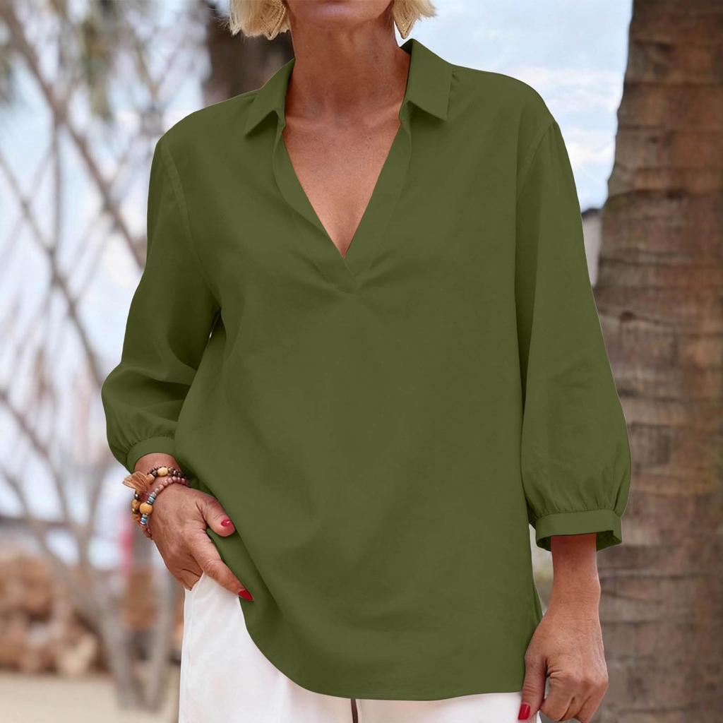 Women Casual Loose Fit Tunic Top V Neck Collared Three Quarter Sleeve Lightweight Blouse for Everyday Wear