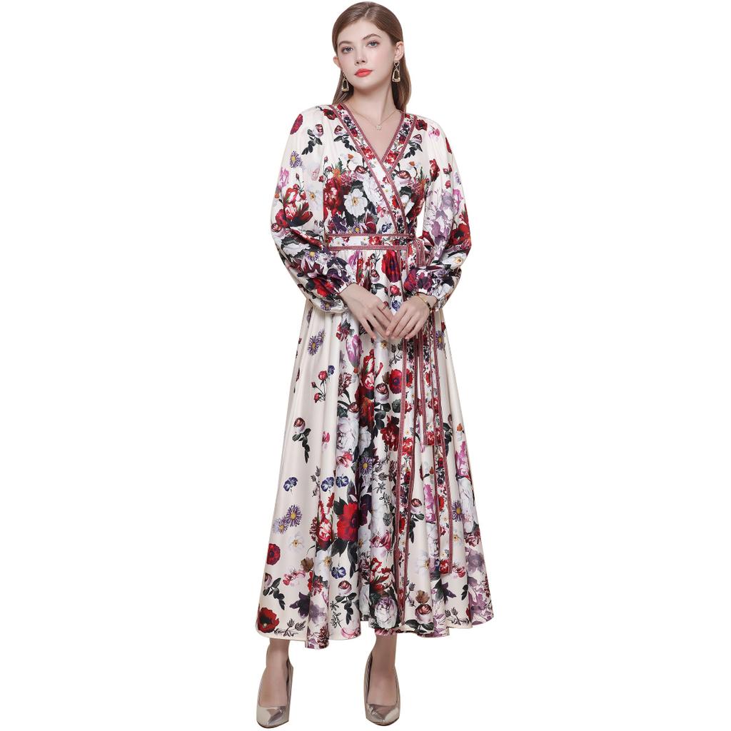 Spring Vintage Floral Maxi Dresses for Women Runway Cross V-Neck Long Lantern Sleeve Sashes Beach Holiday Dress Boho Robe