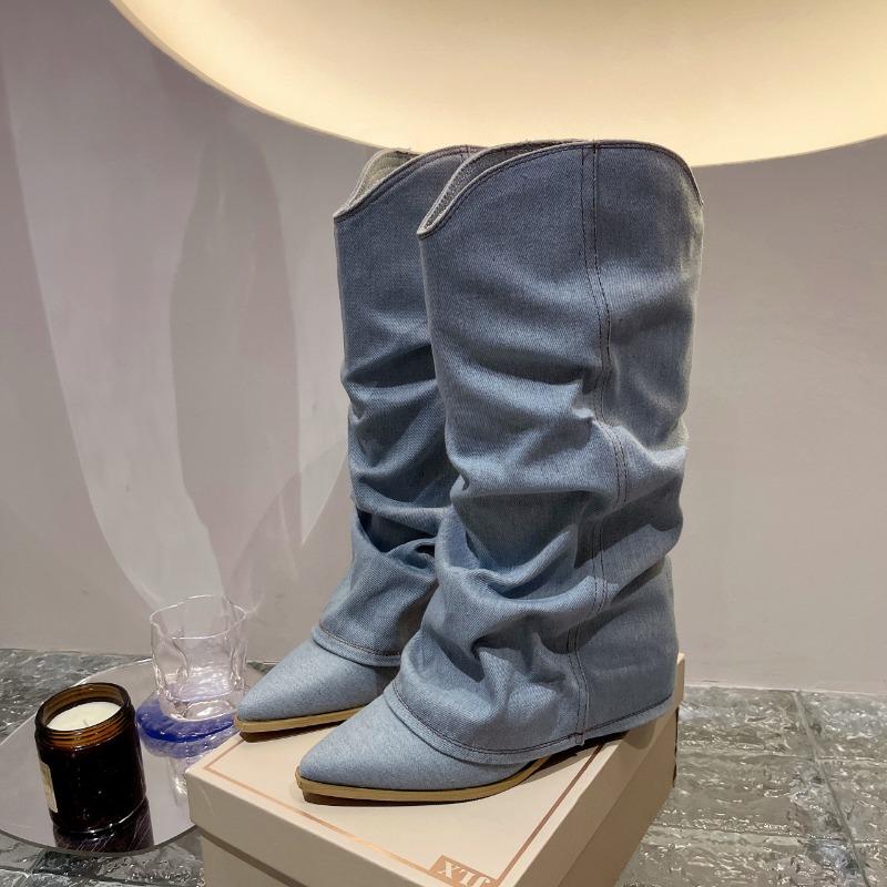 Women's Retro Blue Pleated Cowboy Boots Pointed Toe 5cm Square Heel Middle Heels Women Shoes Knee High Boots Large Size 35-42
