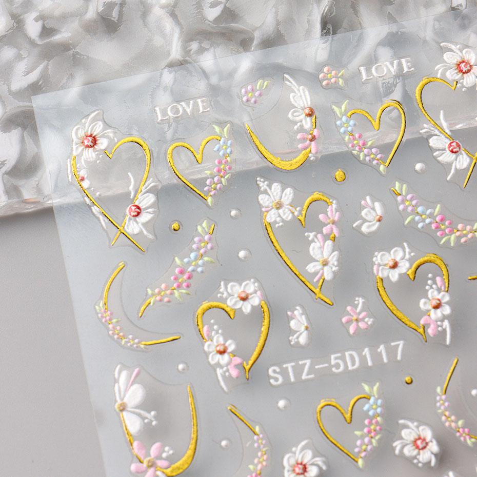 5D Embossed Kawaii Floral Gold Line Sliders Spring White Flowers Nail Stickers DIY Petals Wedding Nails Decals Accesories