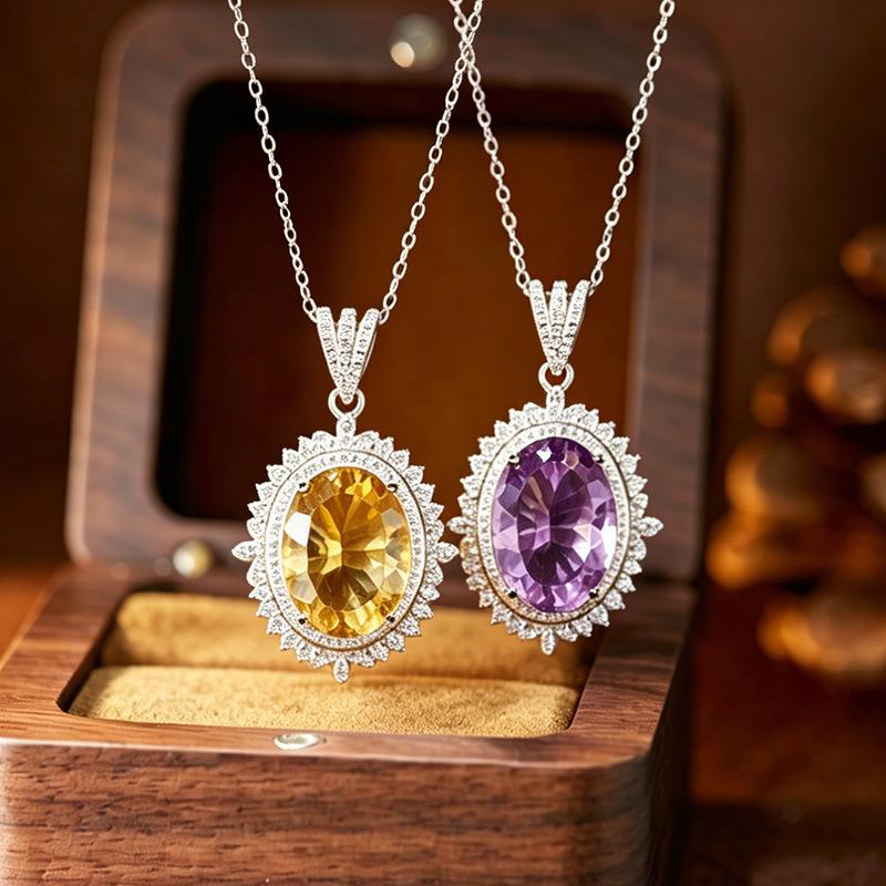 Millennial Cut Amethyst & Citrine Pendant Necklace in S925 Sterling Silver