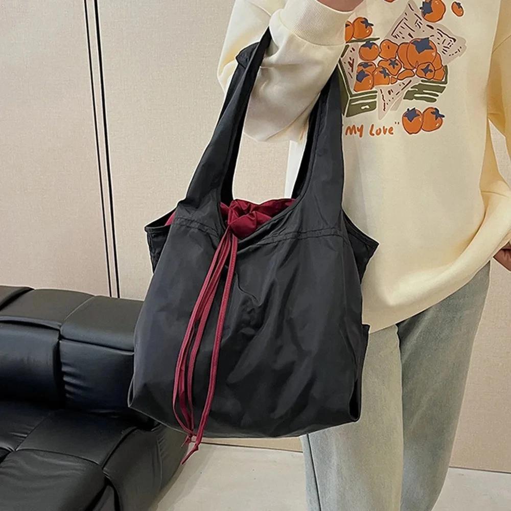 Reusable Drawstring Design Handbag Waterproof Nylon Foldable Shopping Bag Large Capacity Storage Bags Shopping Eco Bag Travel