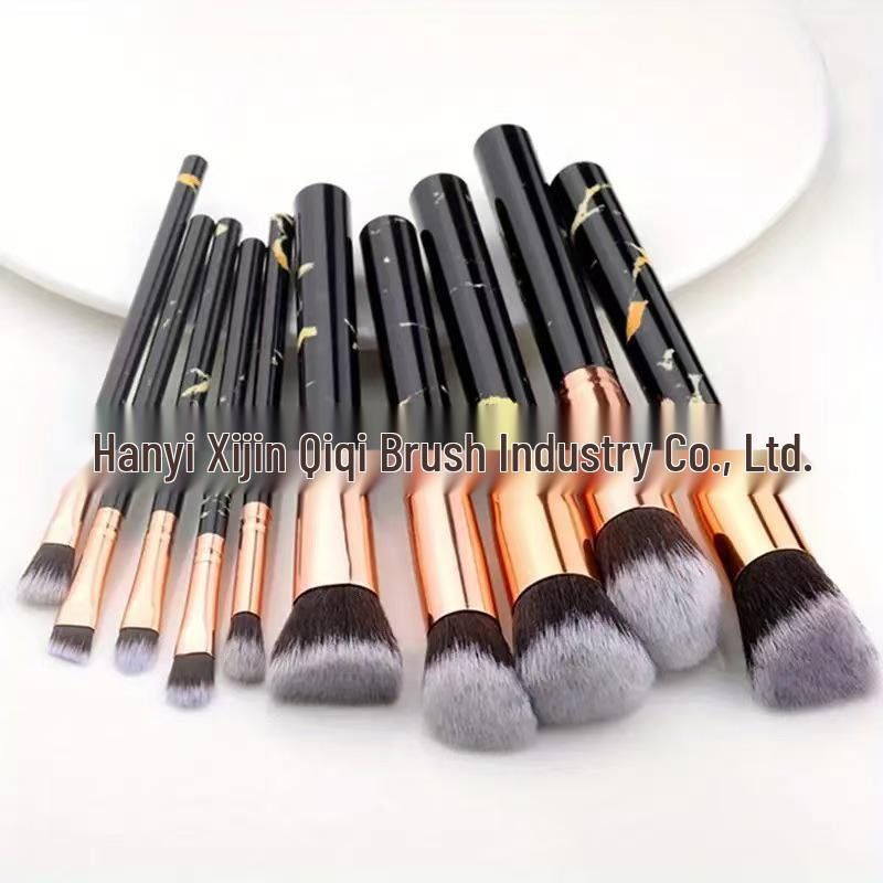 Beginner's Essential 10-Piece Marble Makeup Brush Set – Includes Powder, Foundation, and Eyeshadow Brushes.