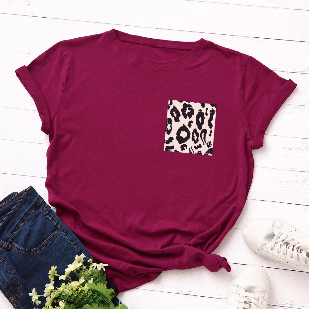 Creative Leopard Print Chest Flower Fake Pocket Cotton T-Shirt Short Sleeve Round Neck Women 2d Print Tops