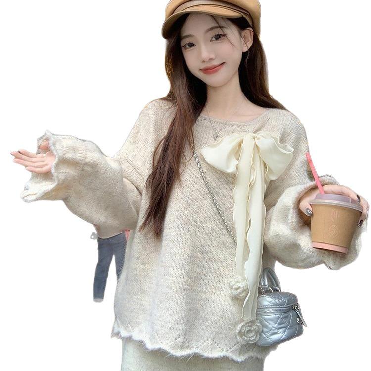 Autumn Fashion Two-Piece: Bowknot Knit Sweater & High Waist A-line Skirt