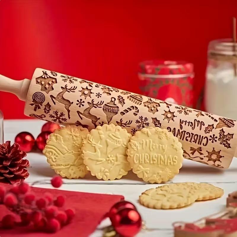 Snowflake Embossed Rolling Pin Christmas Baking Tool Festive Cookie Dough Fondant Pattern Kitchen Accessory Christmas Gift