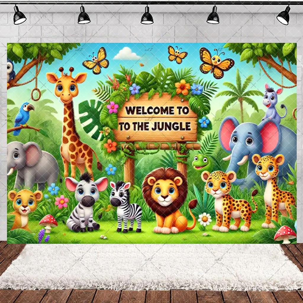 Jungle Wildlife Lion Giraffe Theme Banner Background, Children's Birthday Party, Home Decoration Photography Studio Background