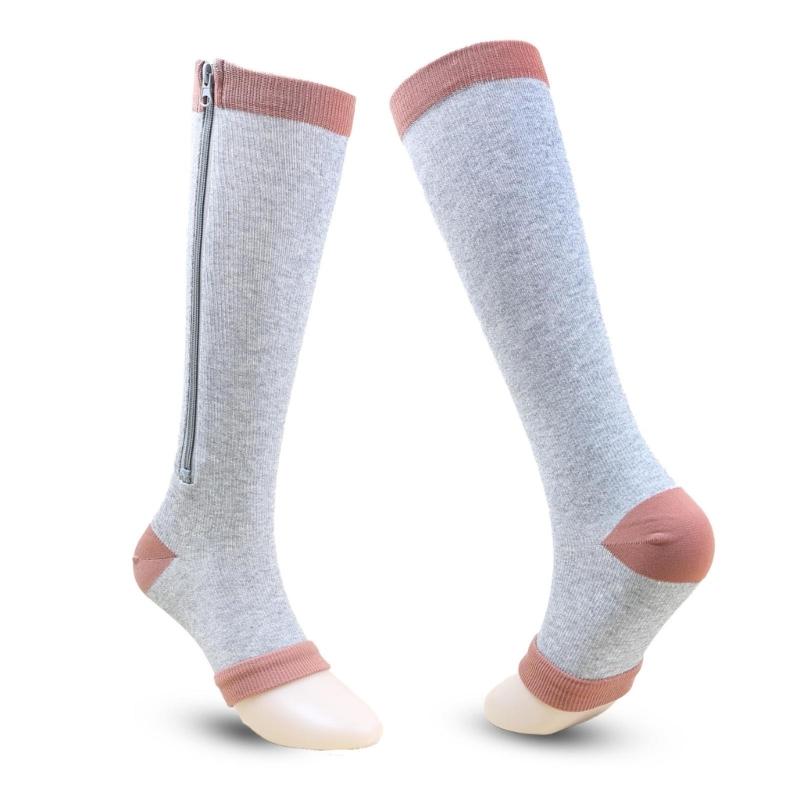 Zipper Compression Socks for Women and Men Over the Calf Knee High 15-20mmHg Open Toe Compression Stockings for Walking