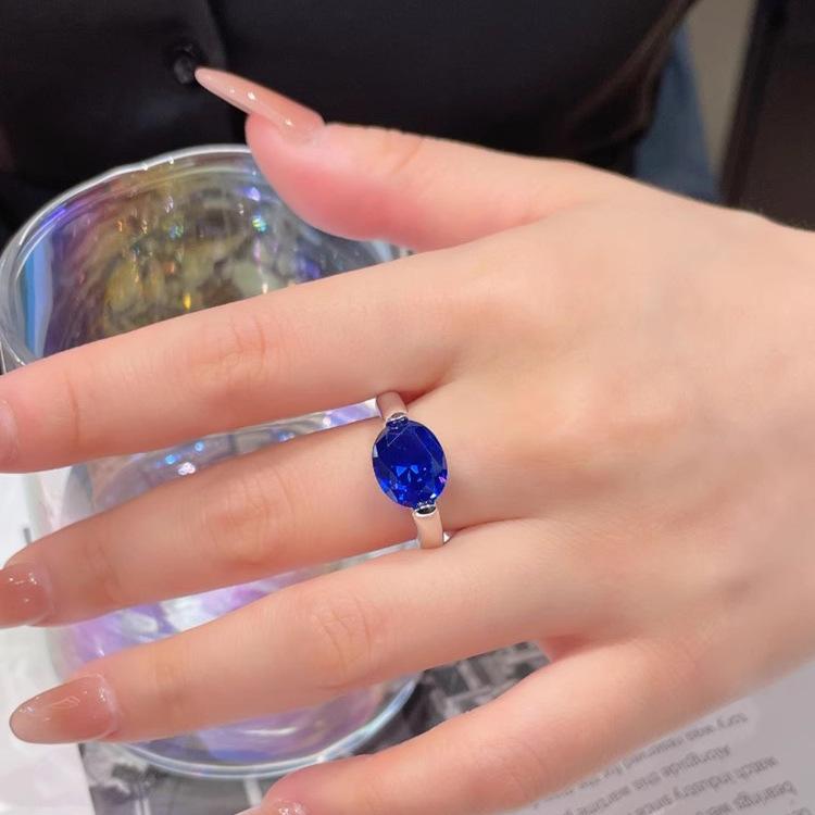 Simple Simulation Pigeon Egg Emerald Ring Inlaid With High Carbon Diamond Pigeon Blood Red Corundum Blue Pointed Crystal Ring Female