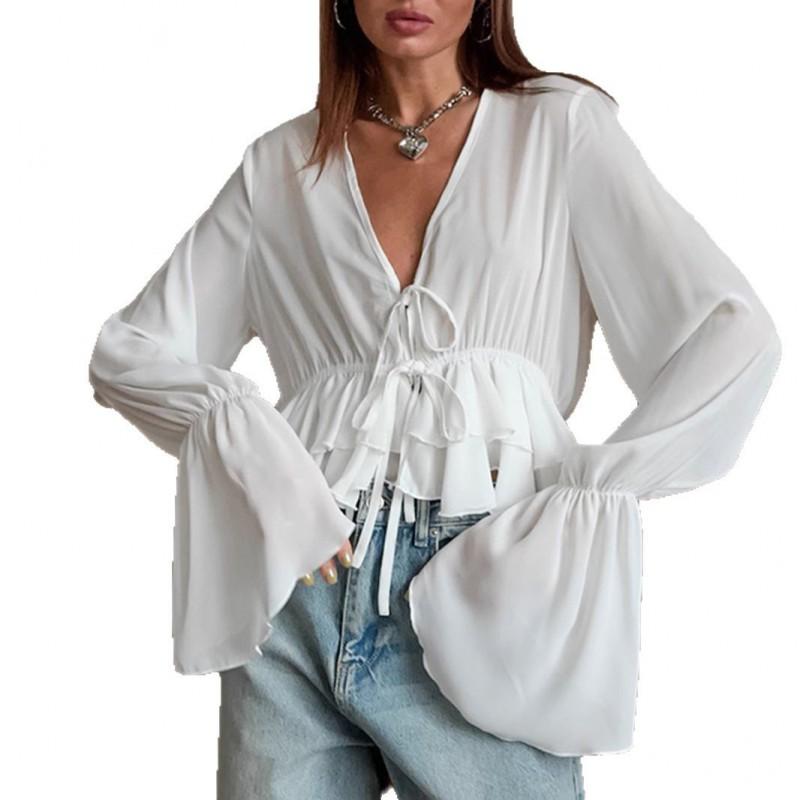 Womens White Chiffon Blouse V-Neck Loose Fit Flared Sleeve Tie Front Elegant Office Wear 2025
