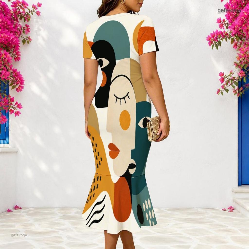 Women Plus Size V Neck Short Sleeve Fitted Abstract Printed Fishtail Dress