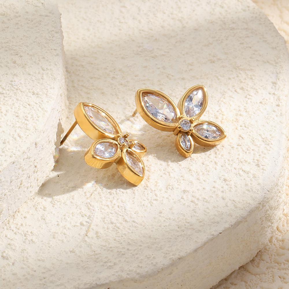European and American Fashion Niche Geometric Personality Stainless Steel Plated with 18K Zircon Flower Earrings for Women
