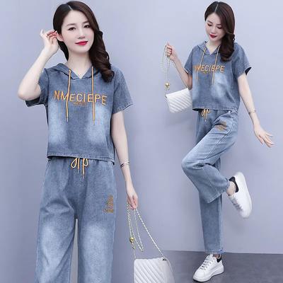 Summer Denim Hooded T-shirt Wide-leg Pants Jacket Suit Fashion Two-piece Casual Embroidery