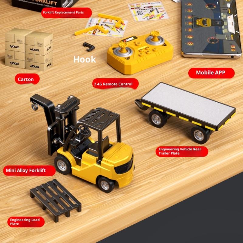 1 Set 2.4GHz Mini Remote Control Forklift Car Model Toy 1/64 Alloy RC Forklift True Lift-down-rotate With Rear Cargo