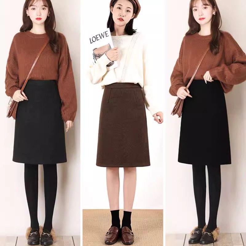 High-Waisted Woolen A-Line Midi Skirt: Simple, Slimming, Versatile, Wrinkle-Resistant with Back Slit, Perfect for Autumn and Winter.