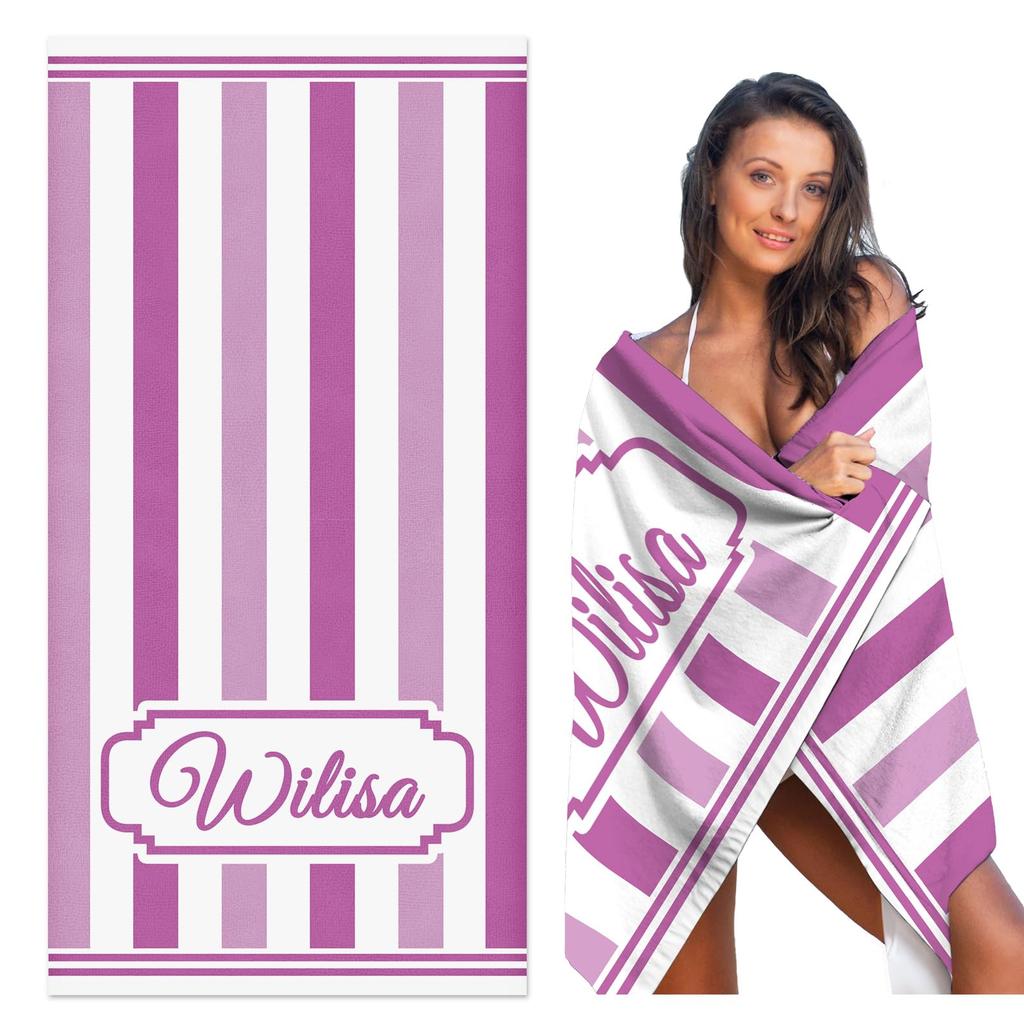 Personalized Striped Beach Towel Custom Name/Logo Oversized Microfiber Towel Summer Party Gift for Beach Swimming Bath Sports