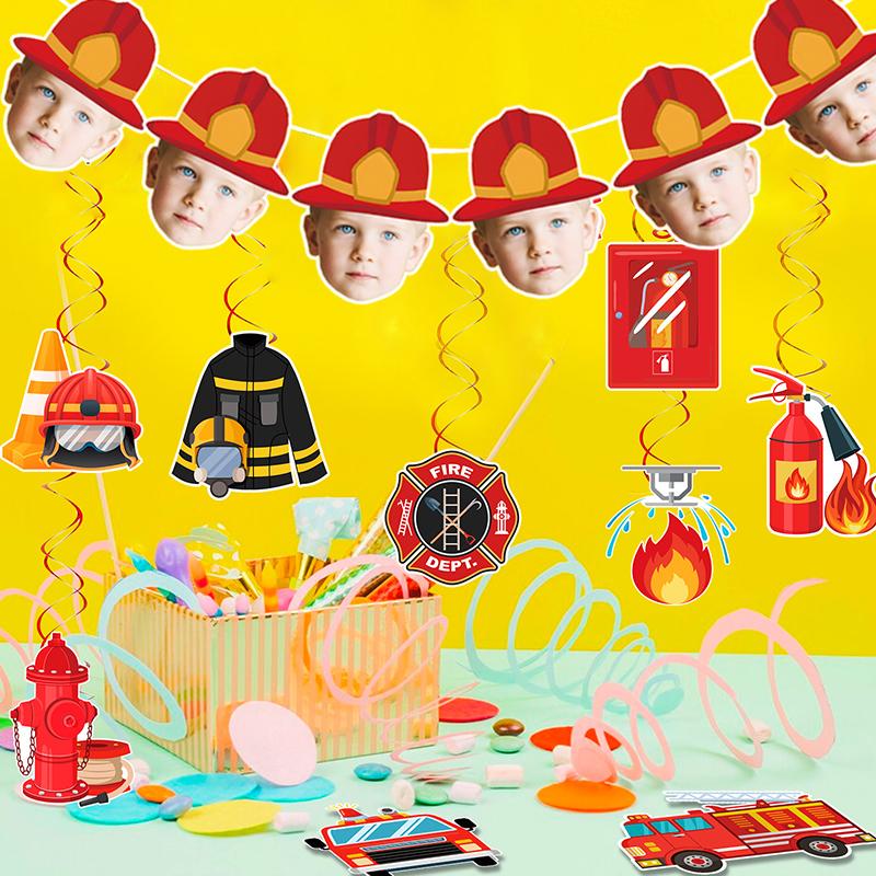 6 Stück/12 Stück Geburtstag Kundenspezifisches Feuerwehrhelm-Muster Porträt Banner Jungen- und Mädchen-Feierpartys Hintergrunddekoration