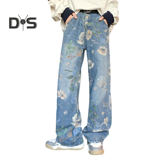 

Мужские джинсы средней посадки с цветочным принтом, прямые, широкие, длинные брюки с карманами, застежкой-молнией, свободные джинсовые брюки XL синий