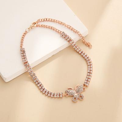 Women Anklet Double-layered Shiny Rhinestone Adjustable Length Butterfly Ankle Decoration Jewelry Party Beach Daily Ankle Chain Anniversary Gift