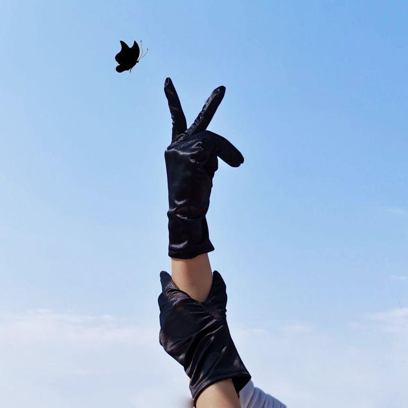 

Hepburn Style Black Dress Short Long Black Two Bows Dinner Cheongsam Satin Retro Dance Gloves Black Satin 23cm long All yards