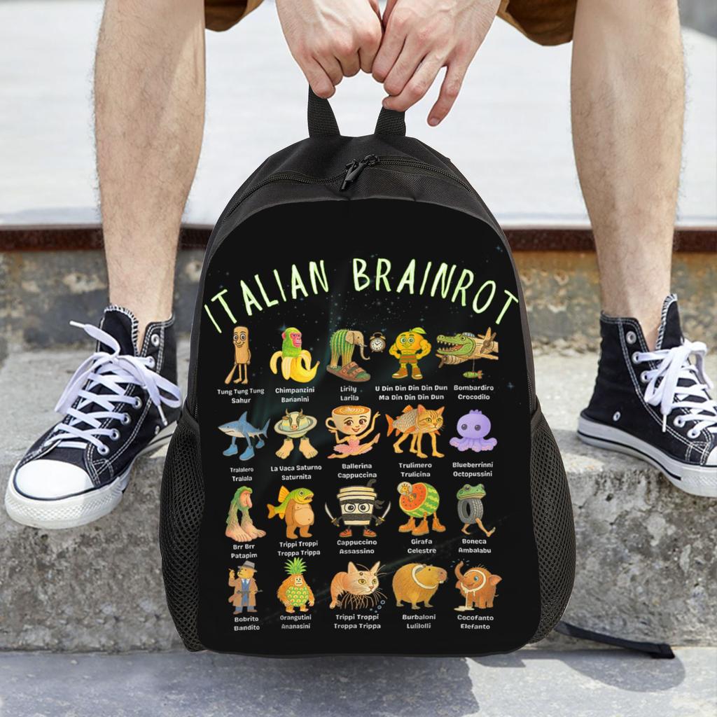 Tipi di Personaggi Brainrot Italiani Zaino Esterno Studente Escursionismo Viaggio Divertente Meme Daypack Borsa a Spalla per Computer Portatile