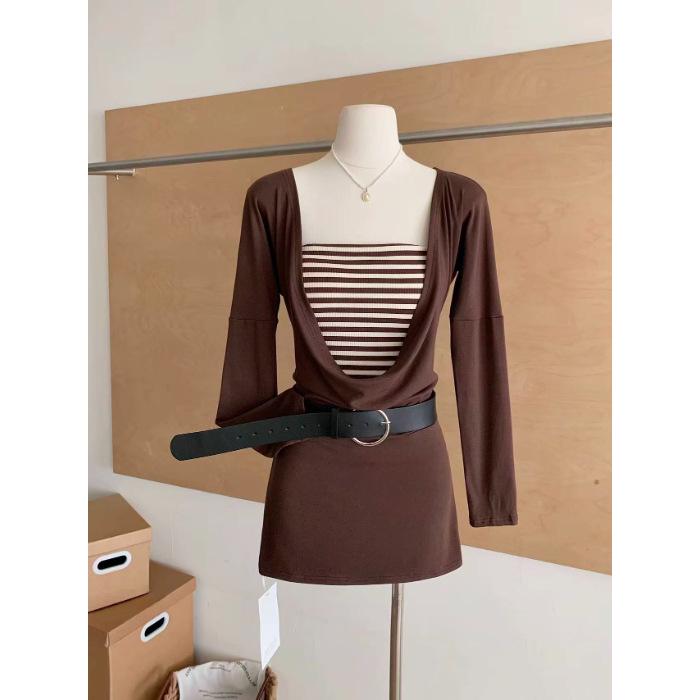 

Brown Retro Swing-Neck Dress: Women s Slim-Fit Two-Piece Set with Belt - Autumn Casual Fashion 2026 New Arrival. Extra Large коричневый